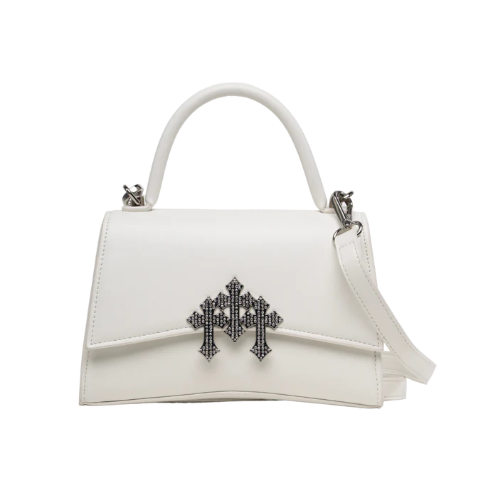 vista frontal de bolsa 003 blanca en piel de la linea barbas hats