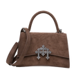vista frontal de bolsa 004 cafe en gamuza de la coleccion barbas hats