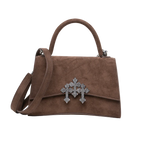 vista frontal de bolsa 004 cafe en gamuza de la coleccion barbas hats